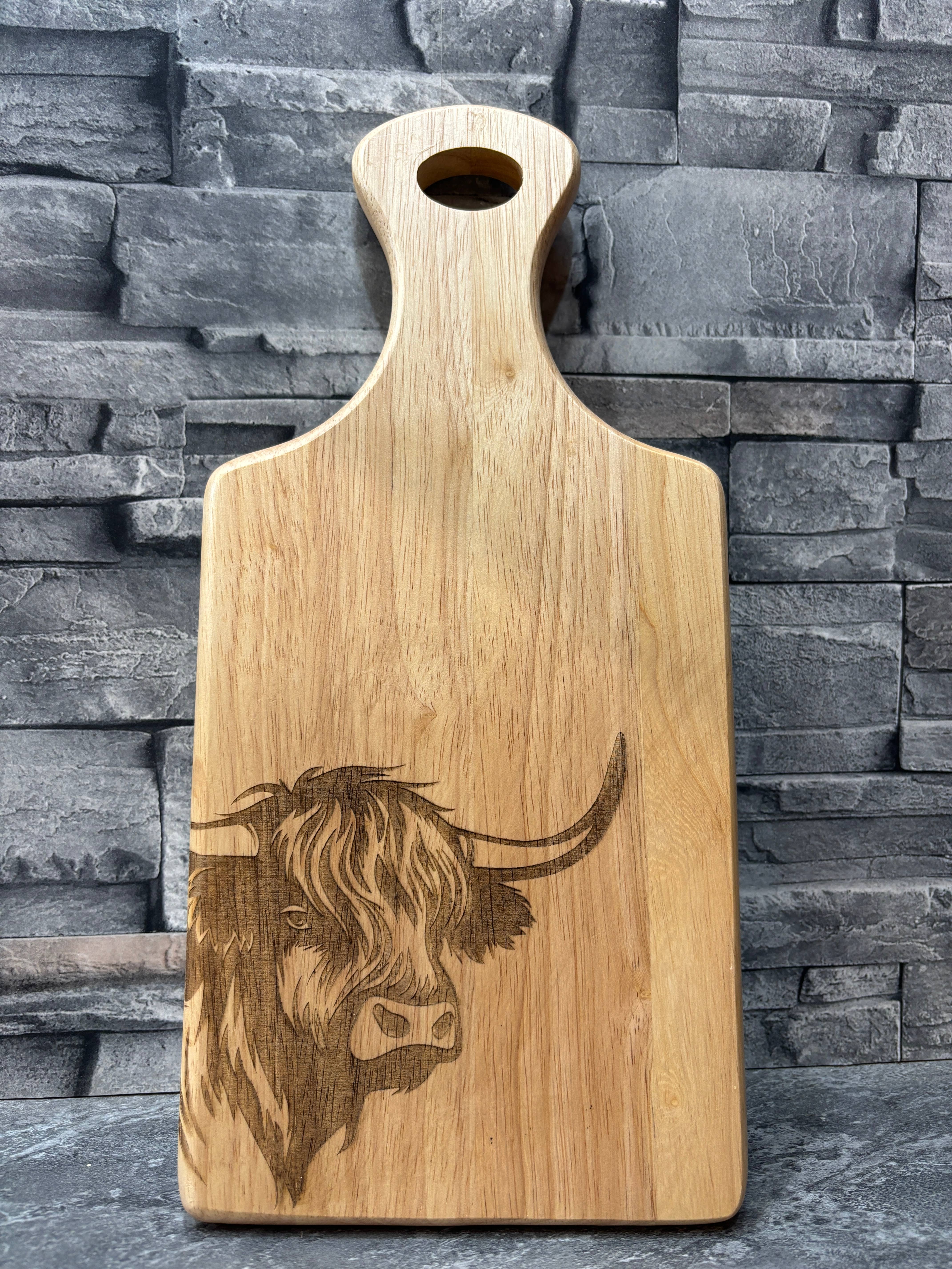 mayos makers – wholesale Cheese board – Highland Cow Engraved Wooden Paddle Board –Serving & Display2