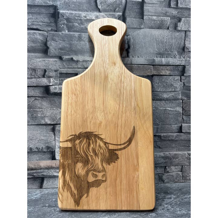 mayos makers – wholesale Cheese board – Highland Cow Engraved Wooden Paddle Board –Serving & Display2