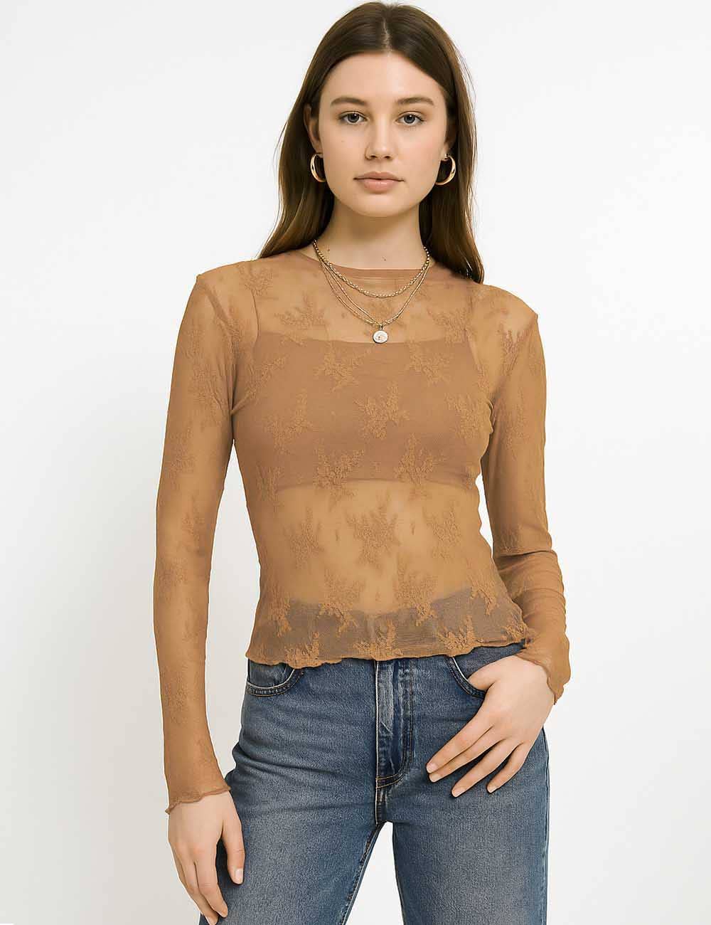 Sweetkama – Engroshandel Bluse - Dame – Sweetkama let transparent top med blomsterblonde og mesh, model SKT1516