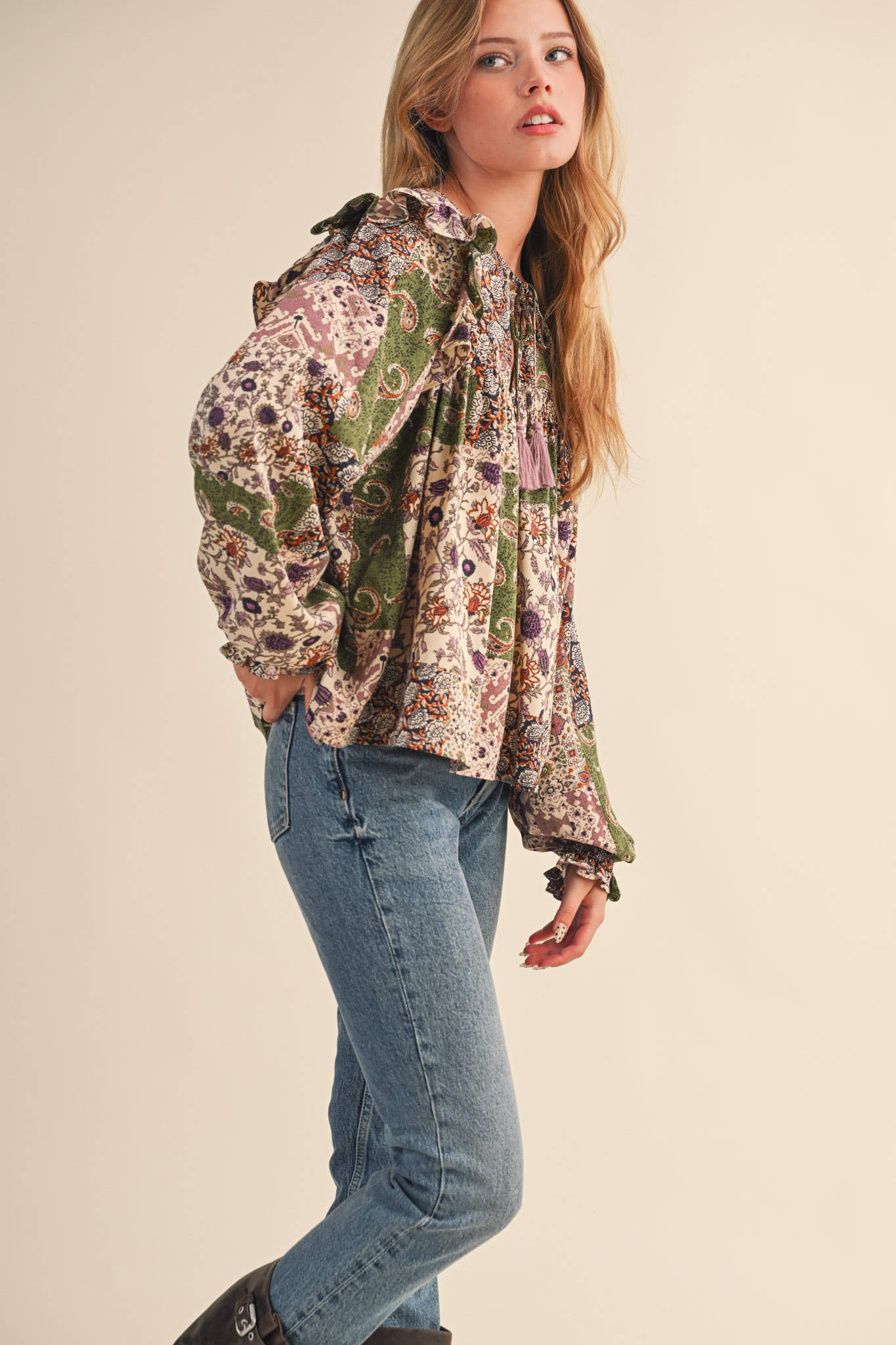 &MERCI - Wholesale Blouse - Women's - PATCHWORK PRINT SMOCKED RUFFLE BLOUSE MTP43505