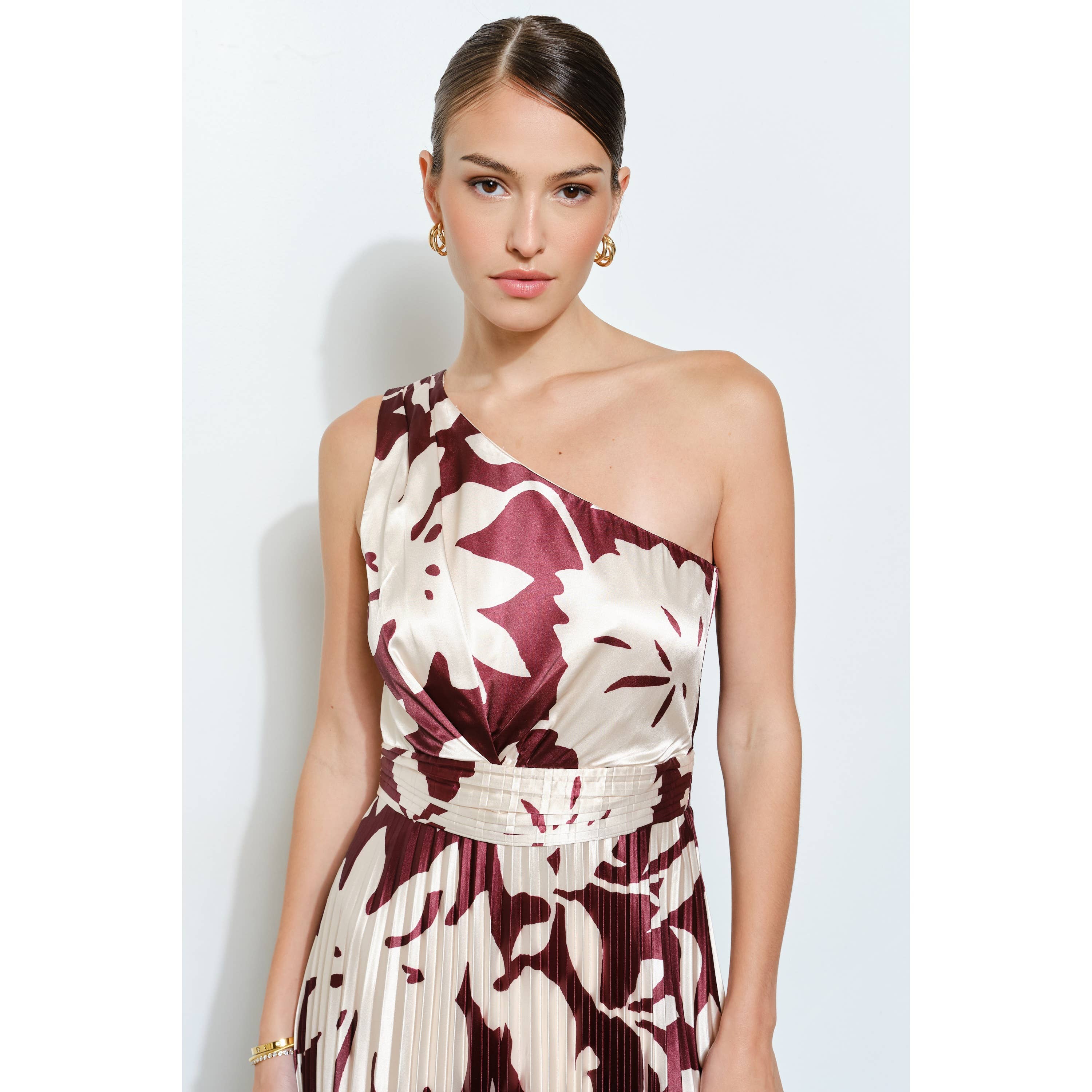 MOCHA MOUSSE One Shoulder Satin Floral Print Pleated Maxi Dress for wholesale on Faire7