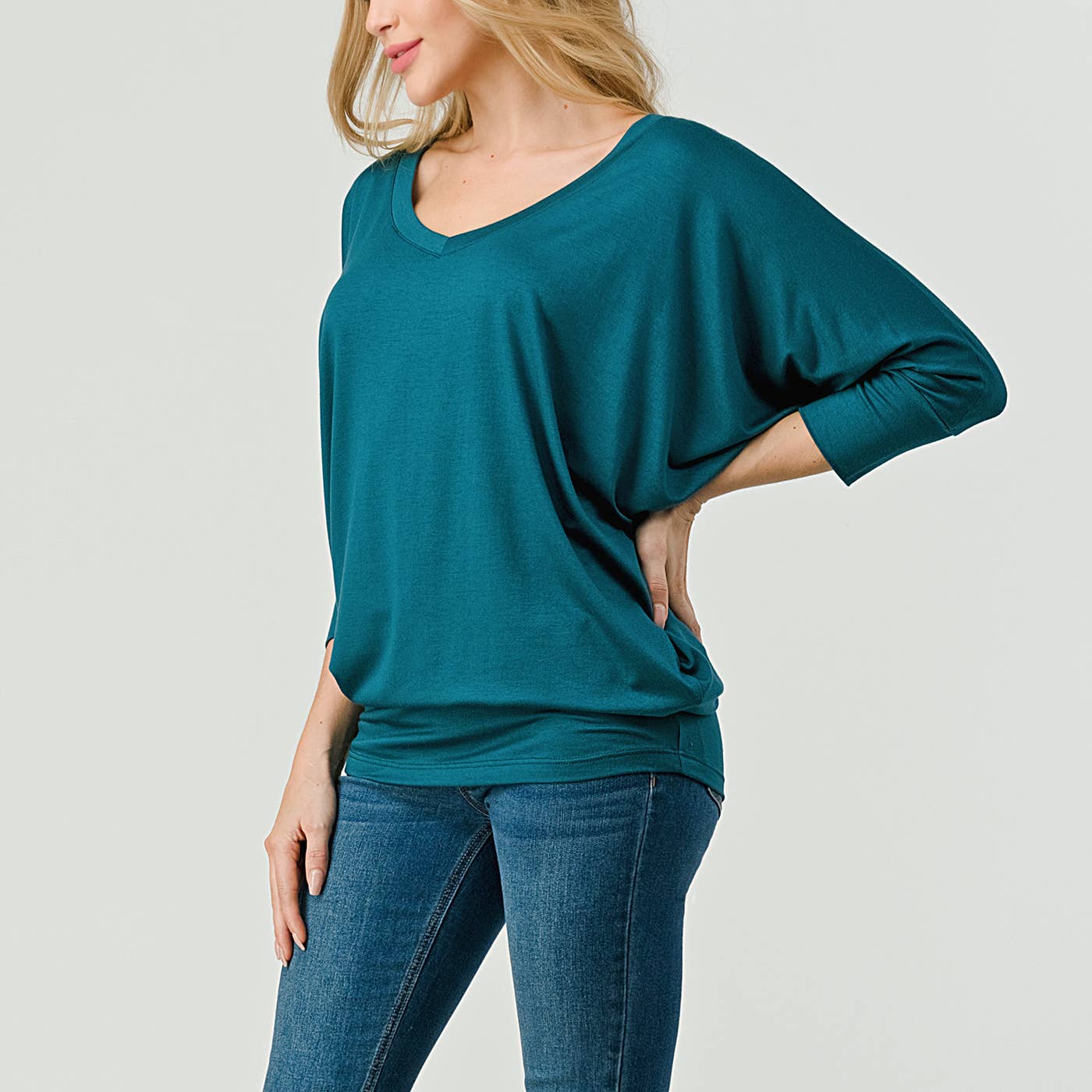 Heimious - Wholesale Knit Top - Women's - 3/4 Dolman Sleeve V-neck Modal Jersey Top, 257367