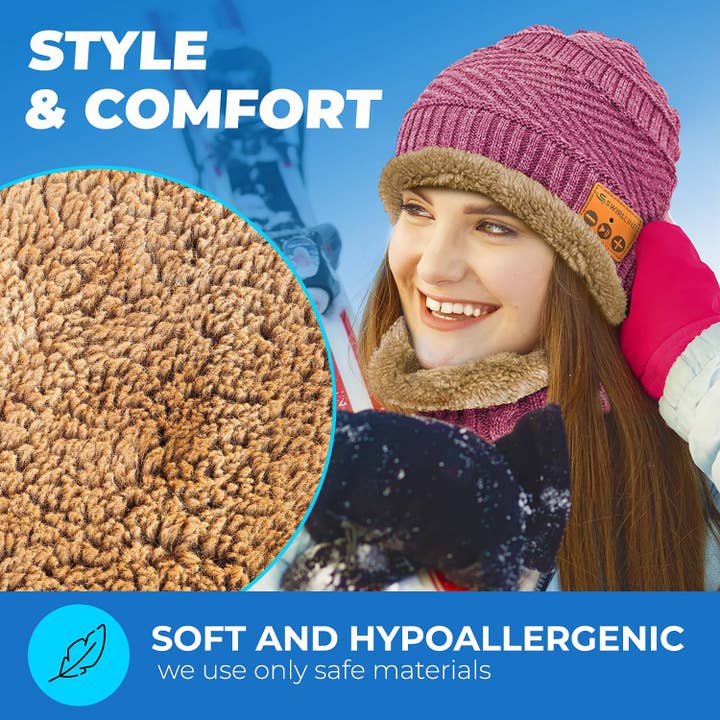 TDV Homes - Wholesale Beanie - Women's - Pink Warm Headphone Bluetooth Beanie Wireless Hat with Scarf6