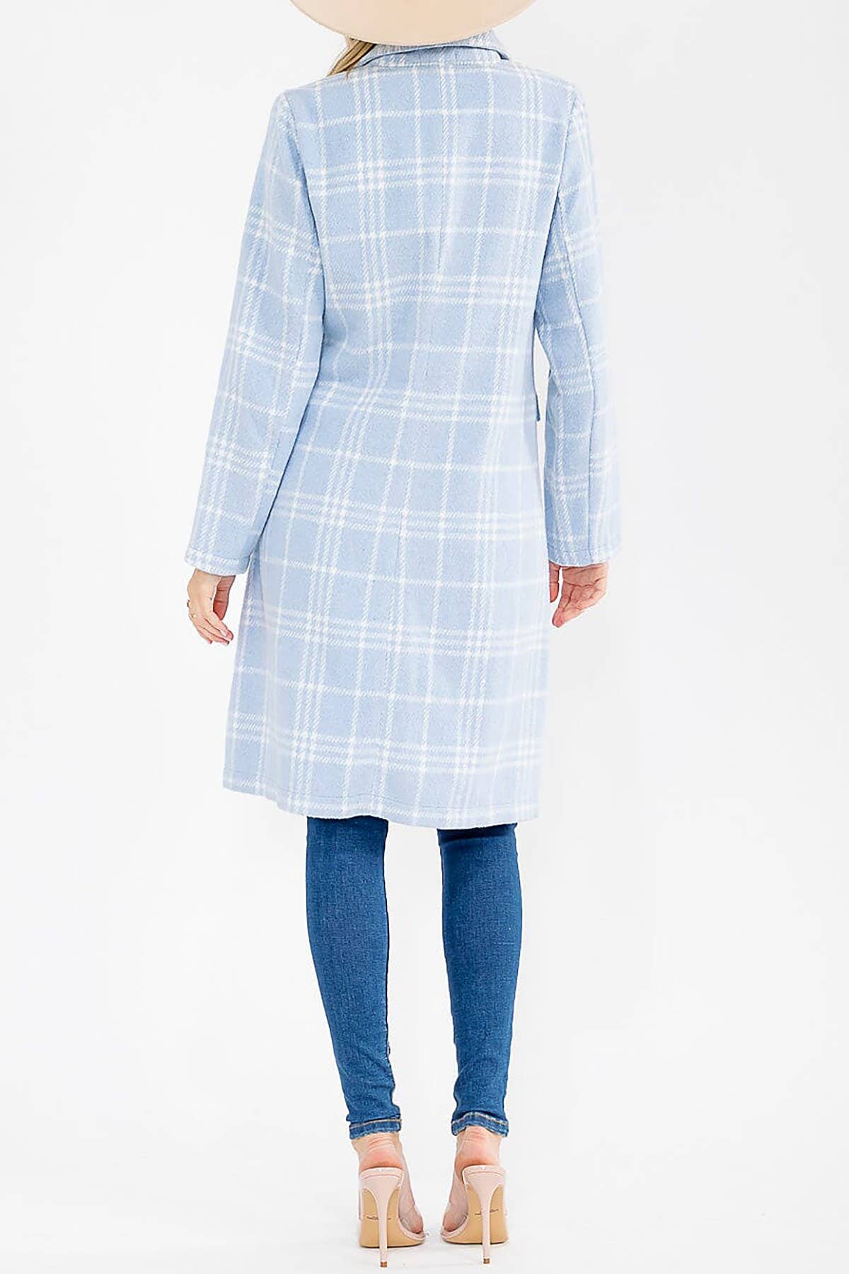 ICE BLUE PLAID DRAPED BUTTON FRONT COAT for wholesale on Faire2