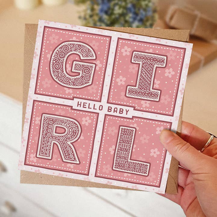 Jess A Little Creative - Wholesale Baby Card - Hello Baby Girl Pink Typographic New Baby Card