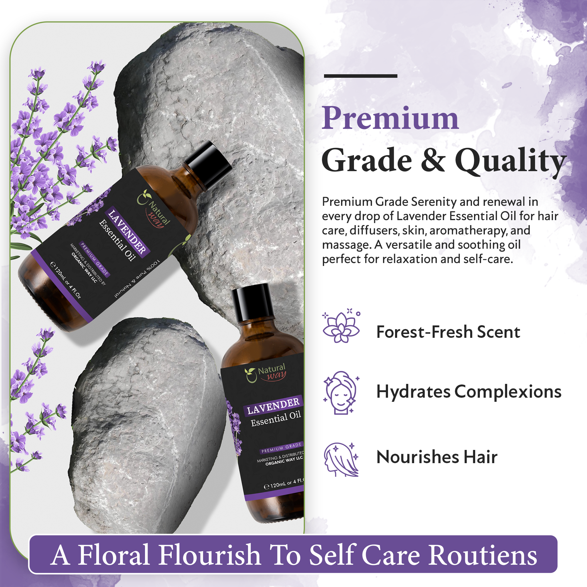 Organic Way LLC – wholesale Eterisk olja – Natural Way Lavendel eterisk olja | Premium eteriska oljor för hårvård, olja för hud, aromaterapi och diffusor | Eterisk olja för borttagning av hudflikar, massageolja och användning i luftfuktare | 4 Fl Oz (120 mL)4