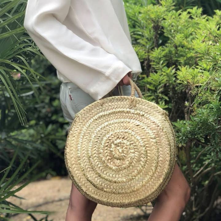 Borsa Rotonda di Paglia con Accenti di Paillettes, Borsa da Spiaggia, Borsa di Paglia per la vendita all'ingrosso da parte di craftberber