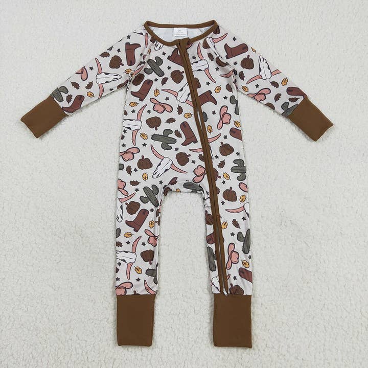 Combinaison à fermeture éclair pour bébés garçons, manches longues, marron, motif crâne de taureau et cactus. pour la vente par Aier Wholesale