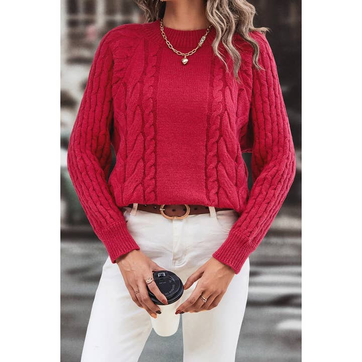 WINE Solid Round Neck Cross Knit Loose Pullover Sweater for wholesale on Faire