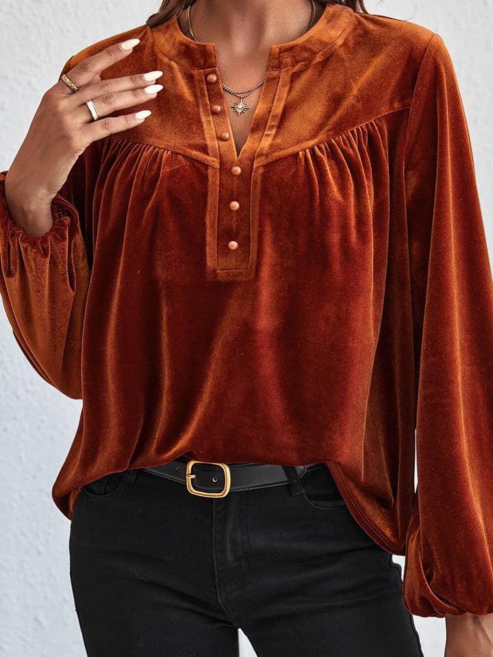 LALA LOO - Wholesale Blouse - Women's - Velvet Lantern Sleeve Beaded Top