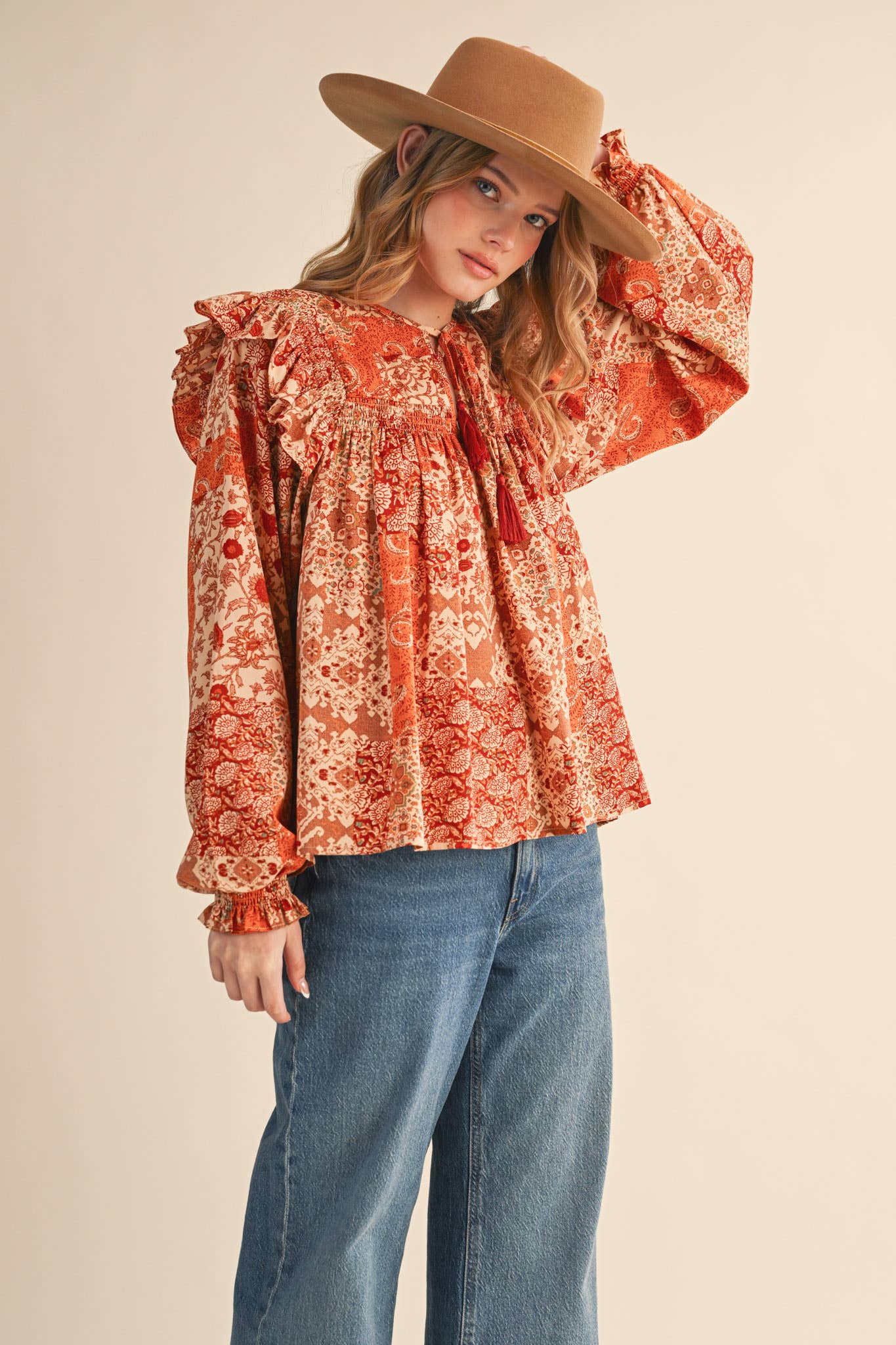 &MERCI - Wholesale Blouse - Women's - PATCHWORK PRINT SMOCKED RUFFLE BLOUSE MTP435013