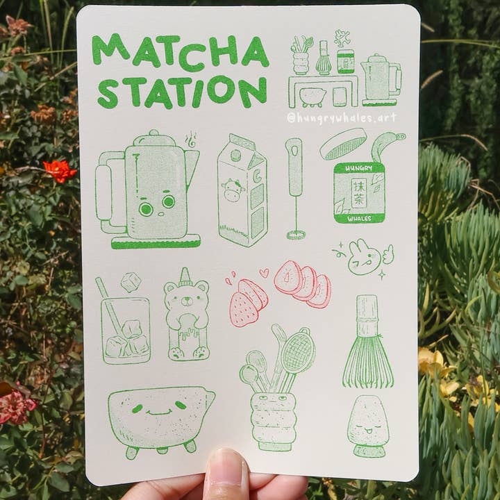 Matcha Station Risograph Postcard for wholesale by HungryWhales