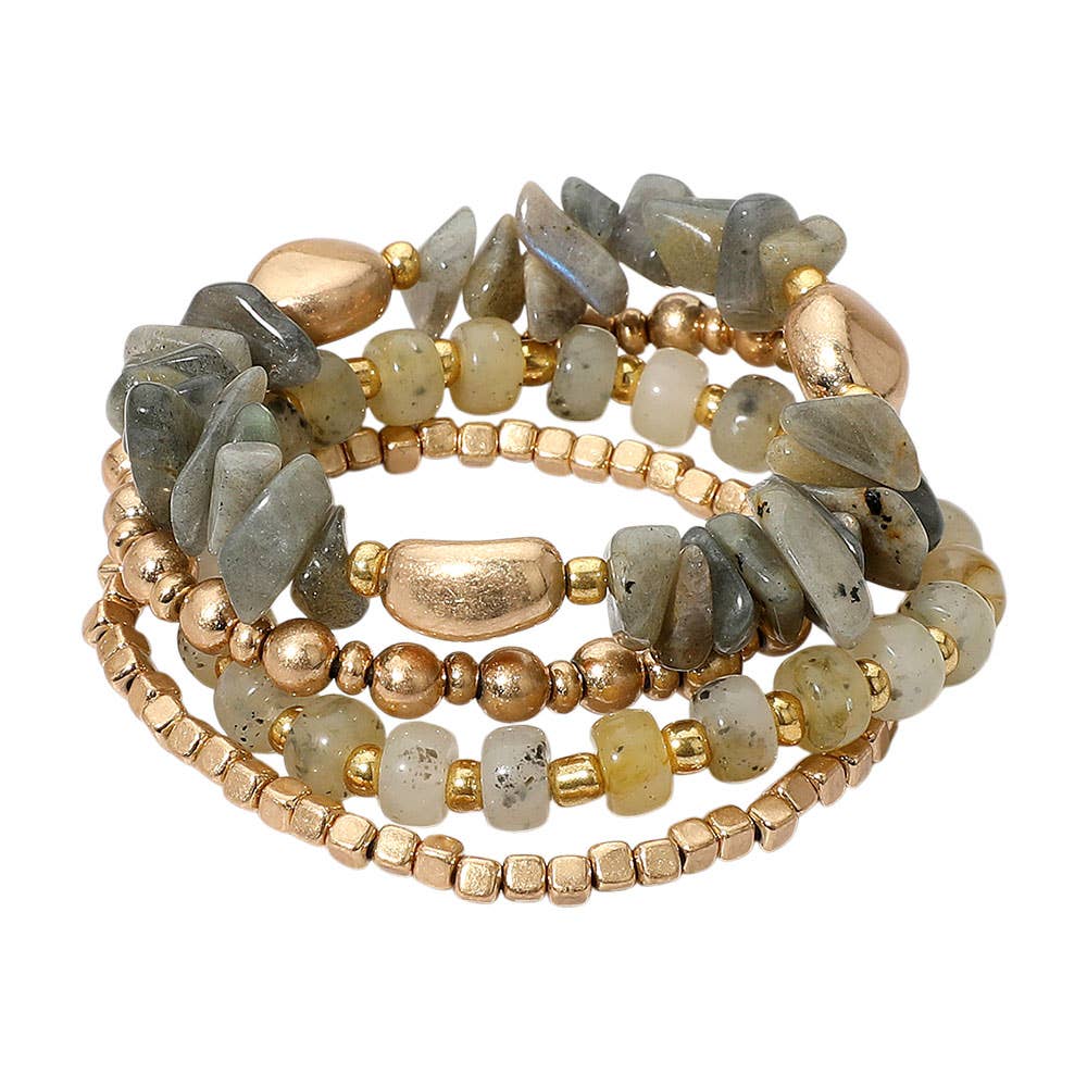 Sensibling Corp. - Wholesale Jewelry Set - 4PCS - Natural Stone Metal Ball Beaded Stretch Multi Layered Bracelets3