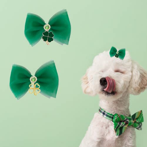 Tulle Shamrock Dog Bow Hair Clip for wholesale by Bark Fifth Avenue