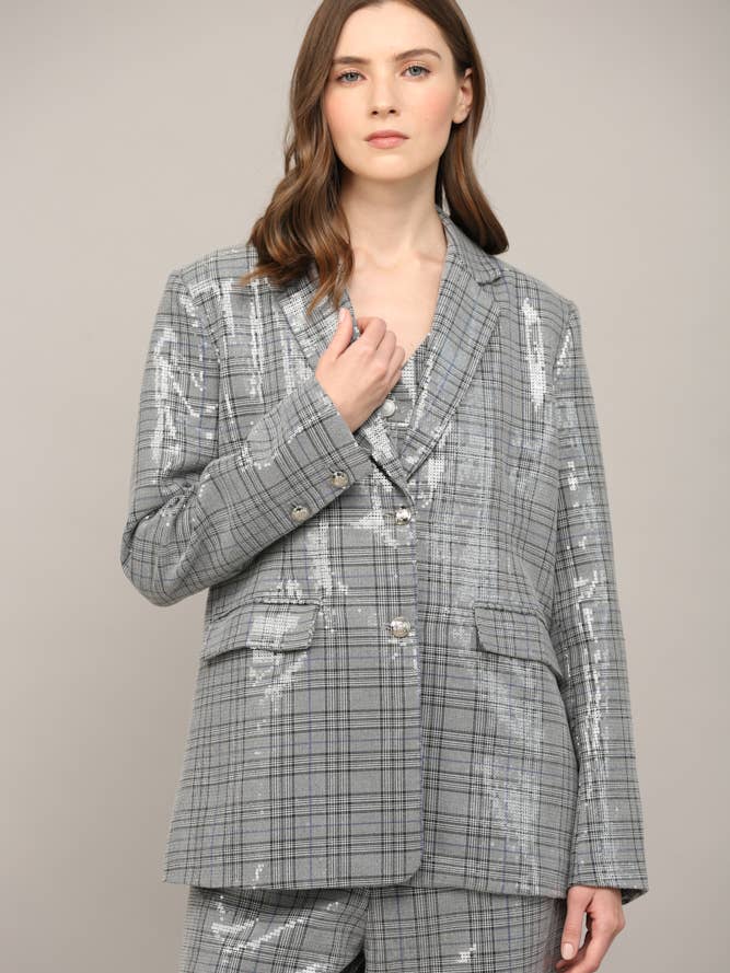 SEQUIN EMBELLISHED PLAID BLAZER FJ73107 for wholesale by FATE