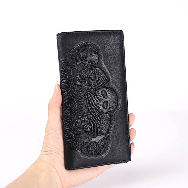 Punk Leather Wallet with Skull - Rose Engraving for wholesale by Tourtiwi