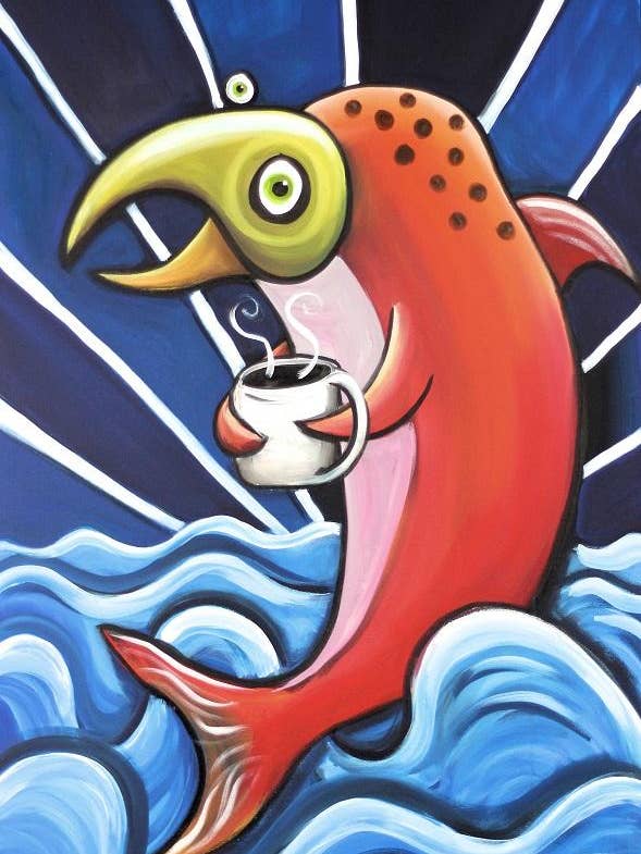 Salmon Enjoying A Cup of Joe Canvas Print for wholesale by It's a Henry