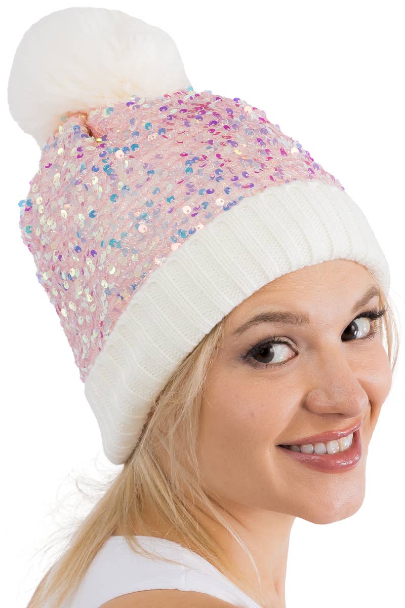 Cap Zone - Vente Bonnet – femme - Bonnet à pompon en tricot à paillettes métalliques Beazzled19