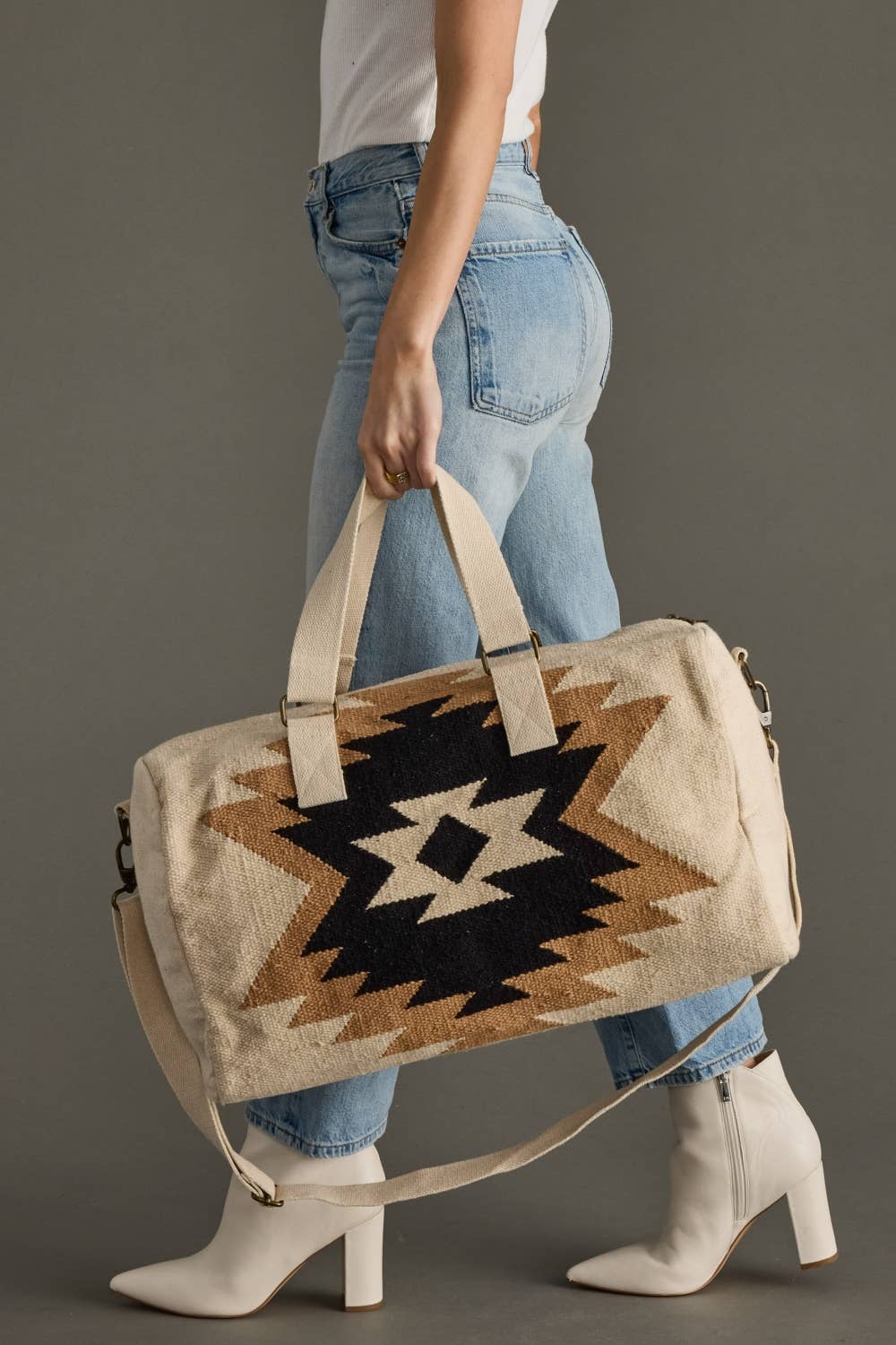 Panache Apparel Co. - Wholesale Weekender Bag - Women's - Cream, Tan & Black Aztec Duffel5