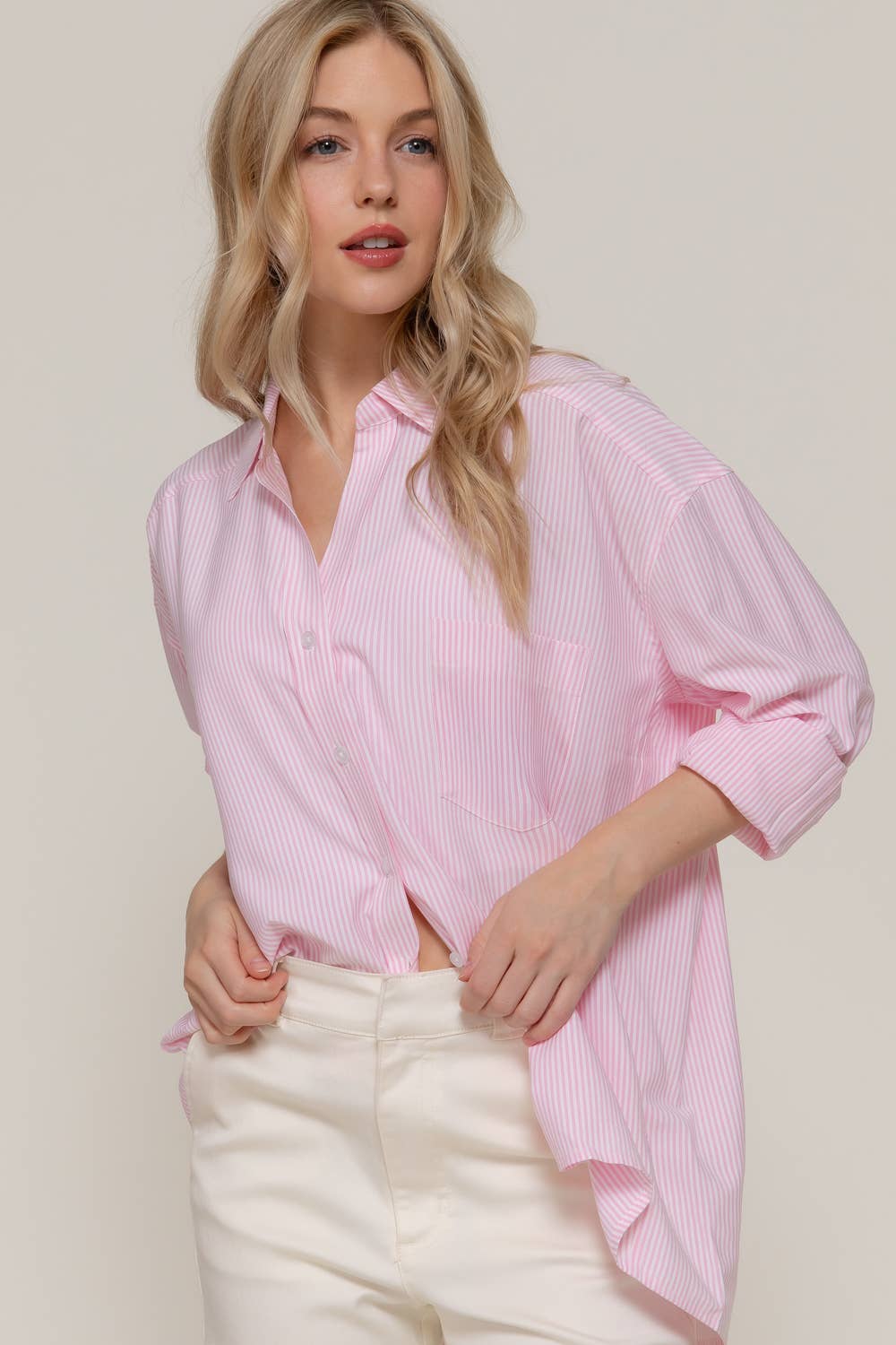 Active Basic | Active USA - Venta al por mayor Camisa con botones - Mujer - Camisa de rayas Y/D de manga larga dolman y corte extragrande8