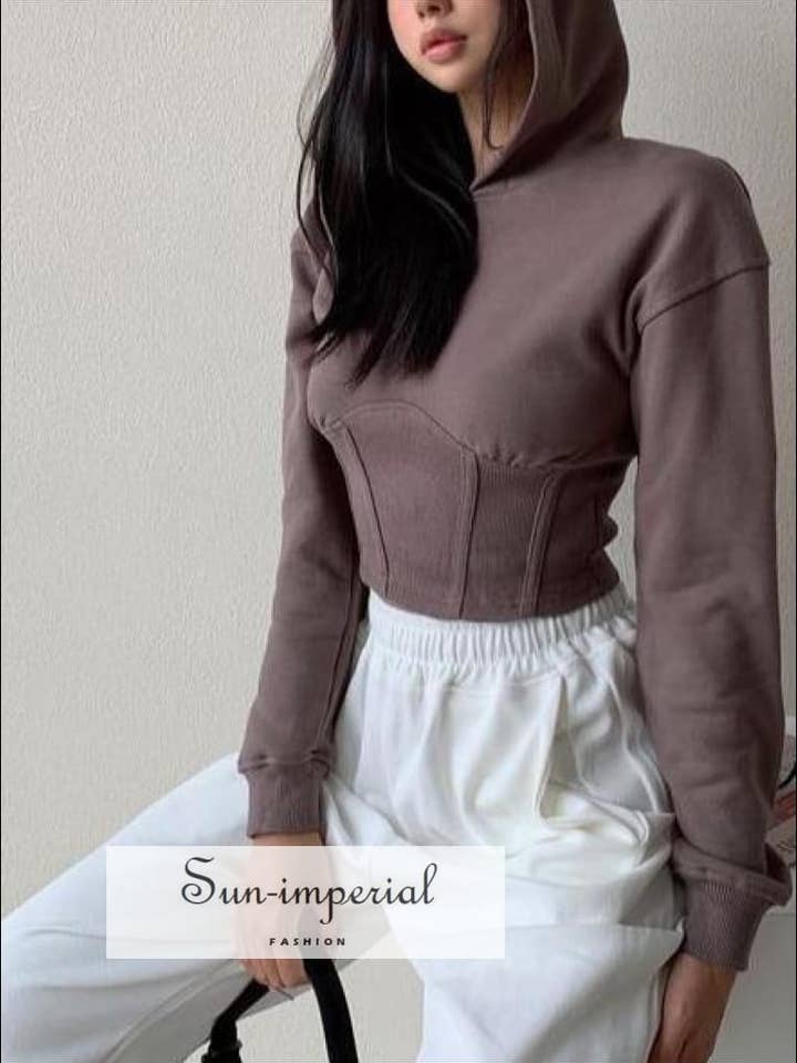 Women Brown Corset Style Cinched Waist Crop Hoodie for wholesale by Sun Imperial