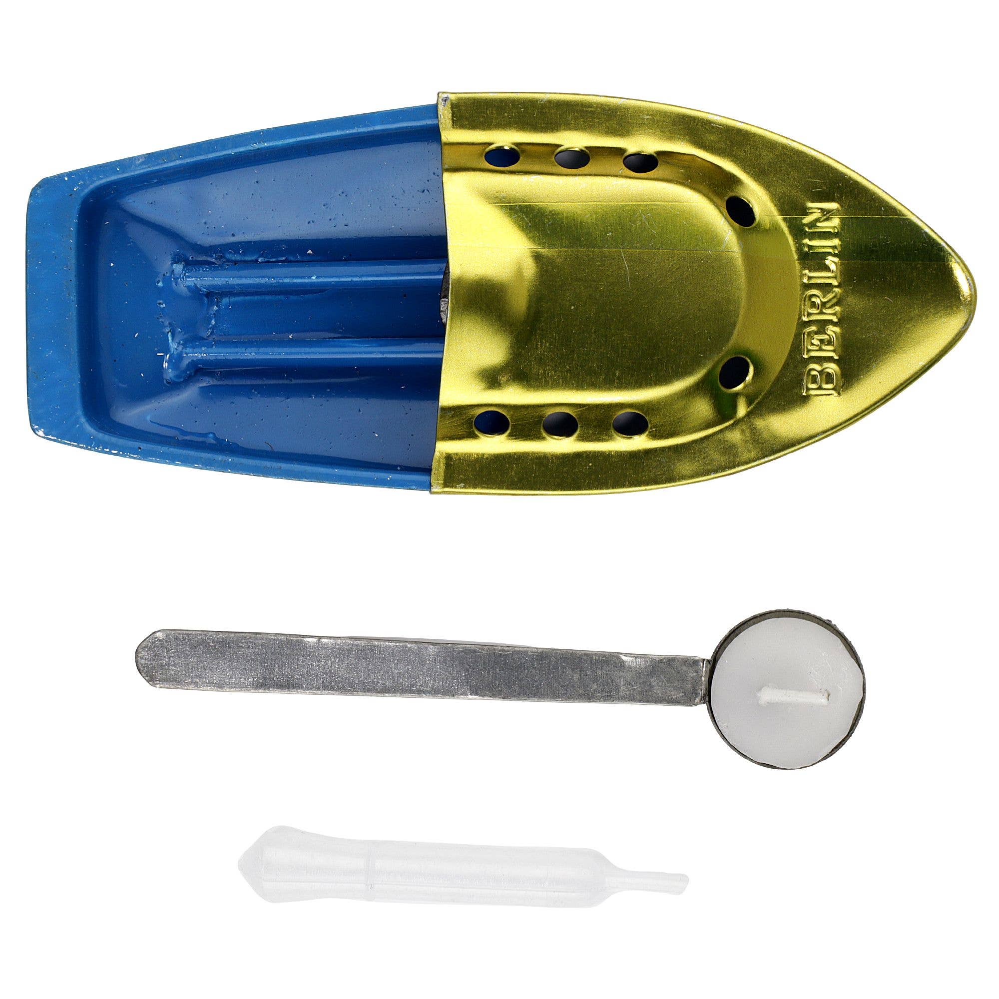 Tribal Trade GmbH - Wholesale Classic Toy - Kids - Tin toy candle boat Berlin gold light blue. Pop Pop Blech2