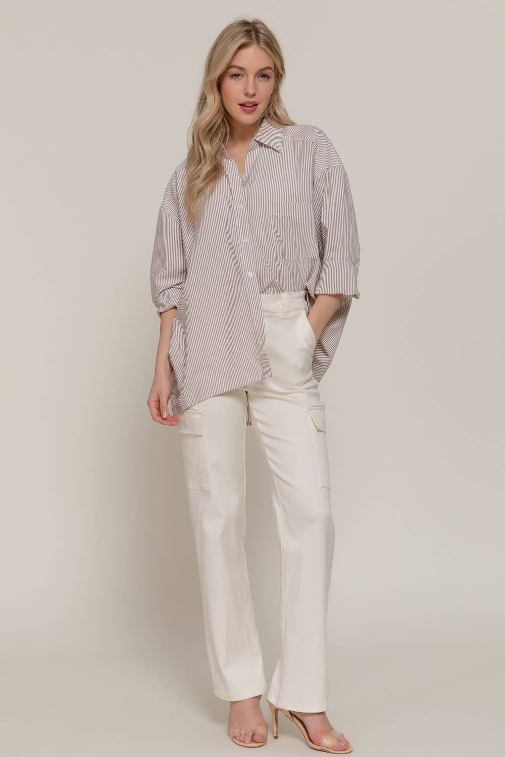 Active Basic | Active USA - Venta al por mayor Camisa con botones - Mujer - Camisa de rayas Y/D de manga larga dolman y corte extragrande7