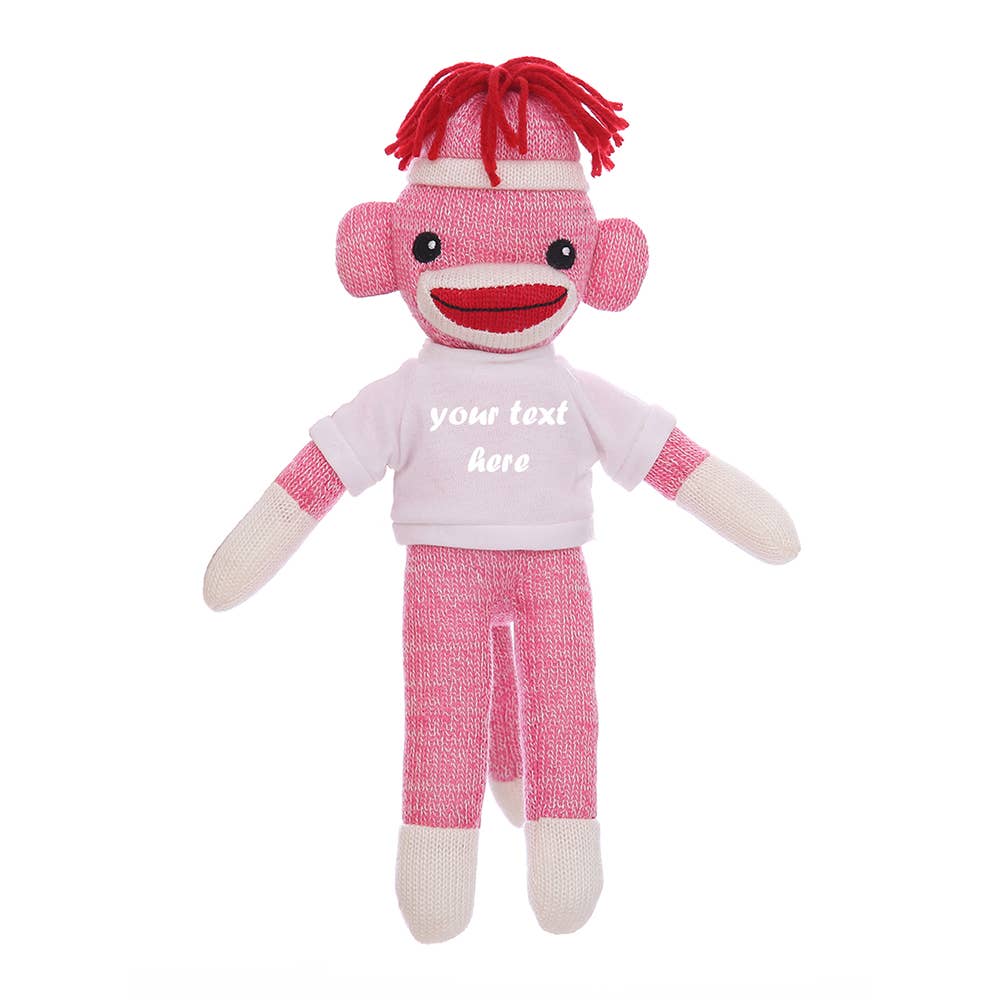 Plushland - Vente Peluche – enfant et bébé - Singe Chaussette Rose de 8" avec T-shirt Personnalisable | Animal en Peluche1