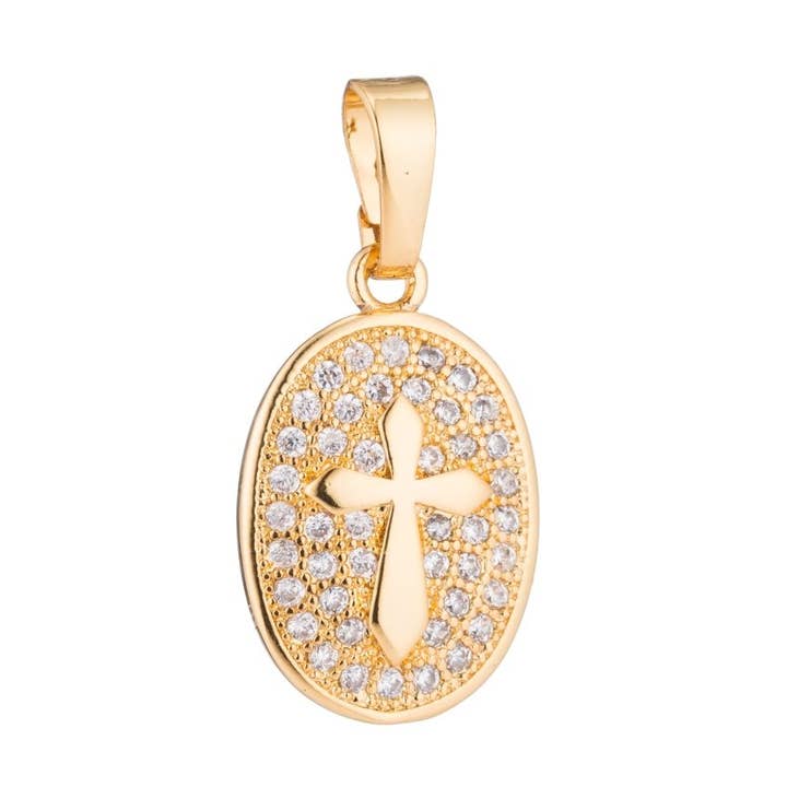 Ciondolo Ovale Croce della Passione Micro Pavé in CZ Riempito in Oro 16K | H096 per la vendita all'ingrosso da parte di Aim Eternal