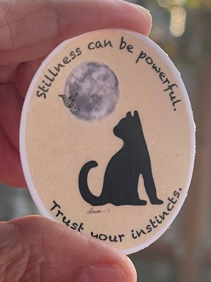 "Stillness can be powerful, trust your instincts" Cat Moon Vinyl Sticker - Intuition Quote Decal with Cat Silhouette & Bird for wholesale by Color Crumbs Club