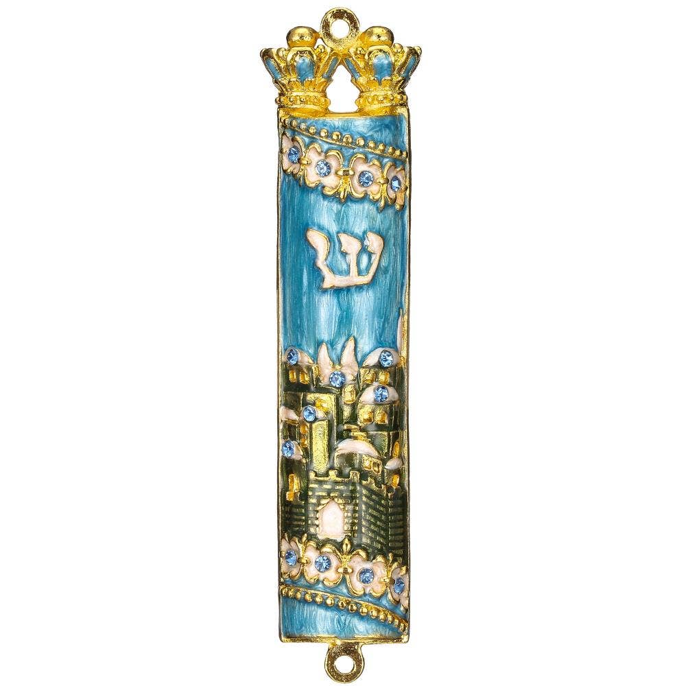 Matashi - Wholesale Decorative Tabletop Object - Matashi Hand Painted Blue & Green Enamel Mezuzah w Crystals1