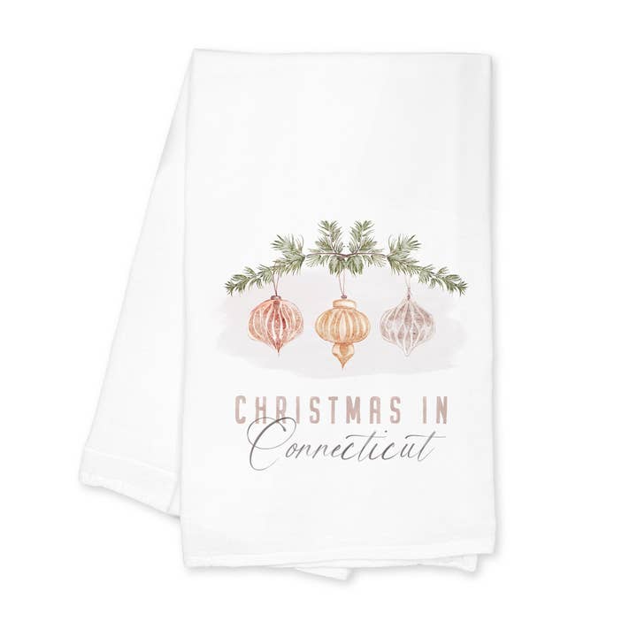CT Handcrafted Cotton Tea Towel w/ Christmas Ornaments for wholesale by Love Local