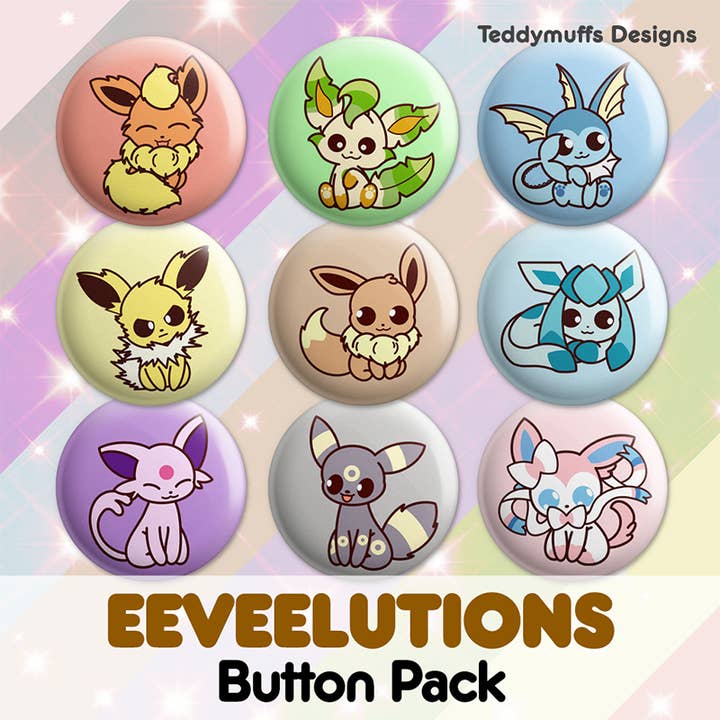 Eeveelutions Button Pins for wholesale by Teddymuffs Designs