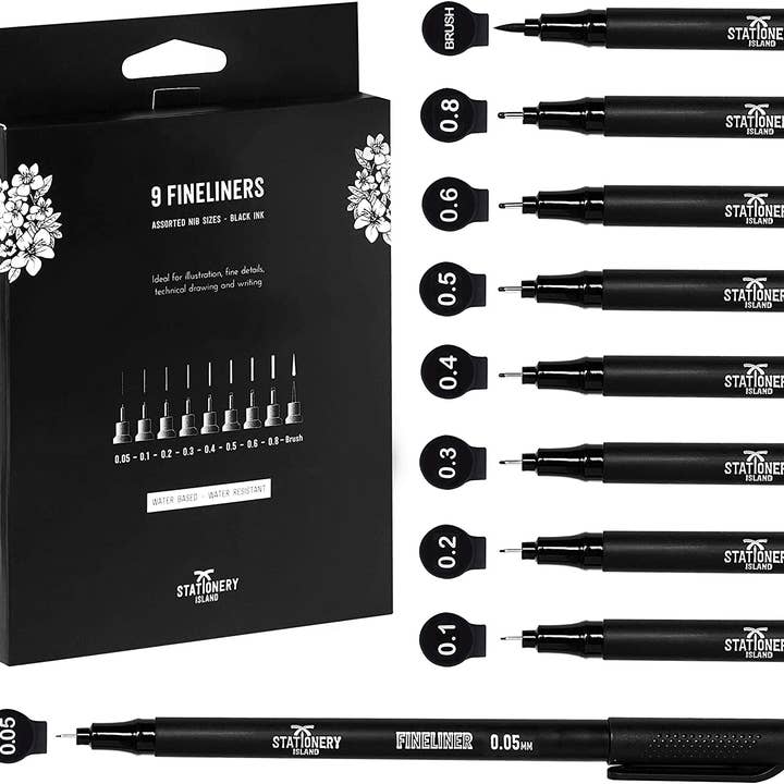 Penne fineliner nere da disegno e da schizzo, set da 9 per la vendita all'ingrosso da parte di MRZ Wholesale