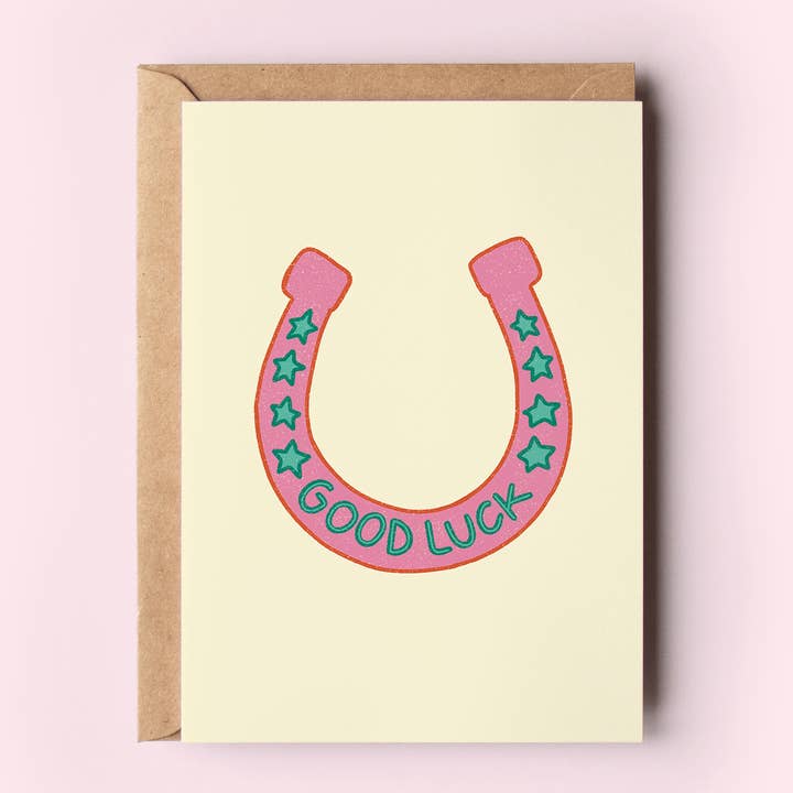 Bonne chance Fer à cheval rose Félicitations Meilleurs vœux Carte de vœux pour la vente par The Shelley Society