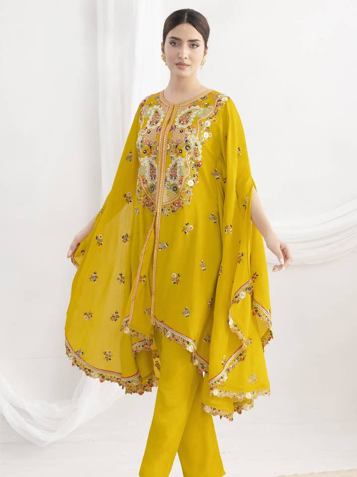 Yellow Chinon Silk Kaftan With Pant For Indian & Pakistani Wedding Festival - Sequins & Thread Embroidery Work for wholesale by HATKE BRIDE