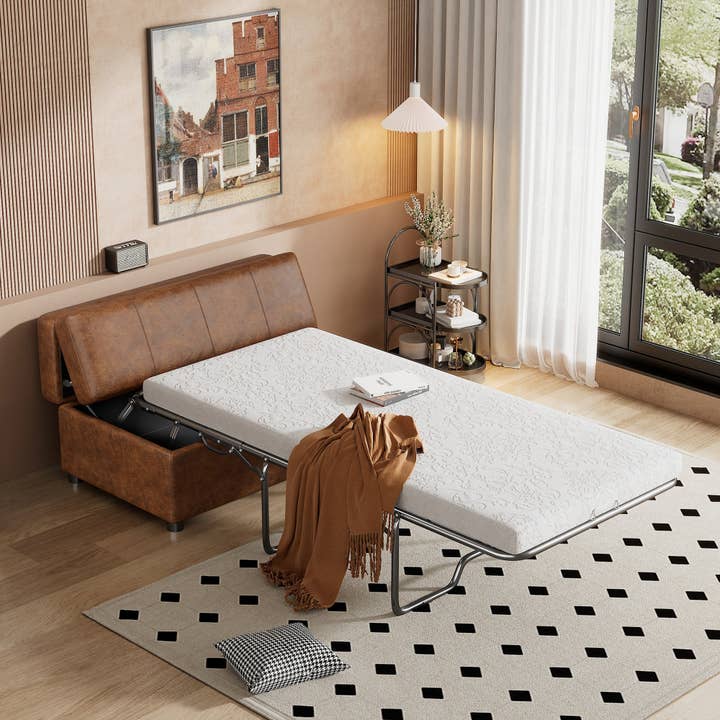 Orange County Decor - Wholesale Ottoman - Twin Size Folding Ottoman Sleeper Bed With Mattress Convertible Guest Bed Brown Brown Foam Pu 1 Seat