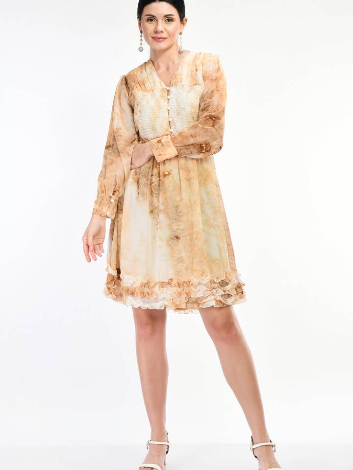 Orange Tie and Dye Print Balloon Sleeve Dress for wholesale by STYLE INSTANT