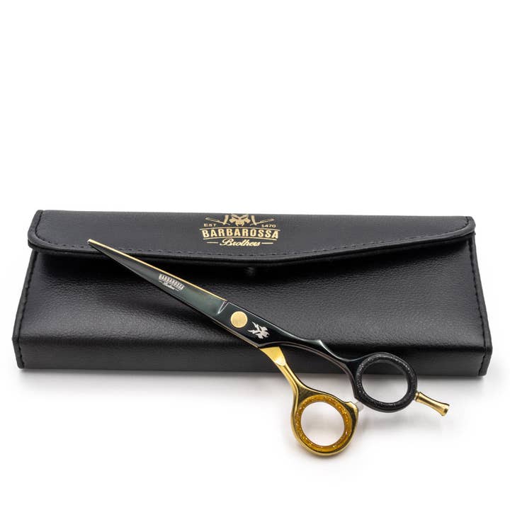 Forbici da taglio in acciaio giapponese da 6" - Nero opaco e oro 24 carati P per la vendita all'ingrosso da parte di Barbarossa Brothers Online