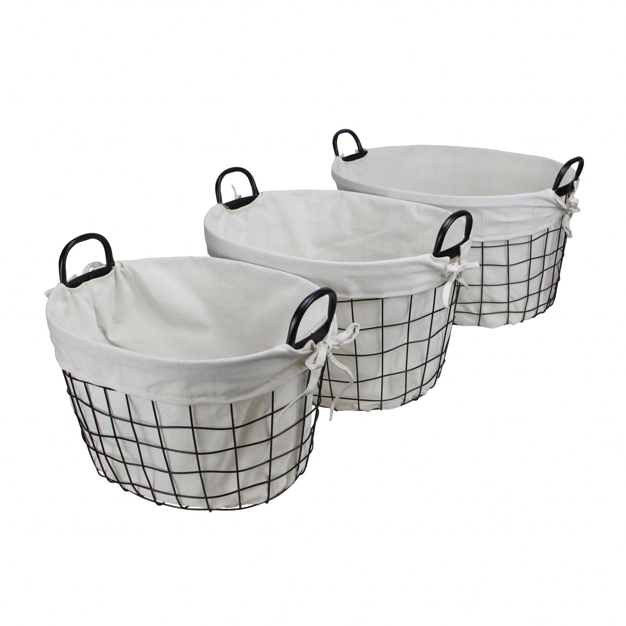 HomeRoots – wholesale Basket – Set Of 3 Oval White Lined andMetal Wire Baskets With Handles2