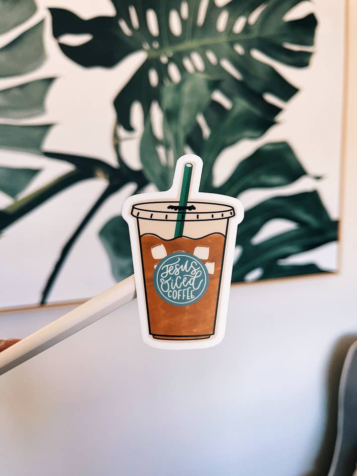 Jesus & Iced Coffee Sticker for wholesale by dinahslettering