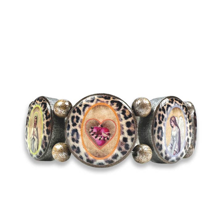 Bracciale rotondo in legno marrone con motivi Leo e santi per la vendita all'ingrosso da parte di Escapulario