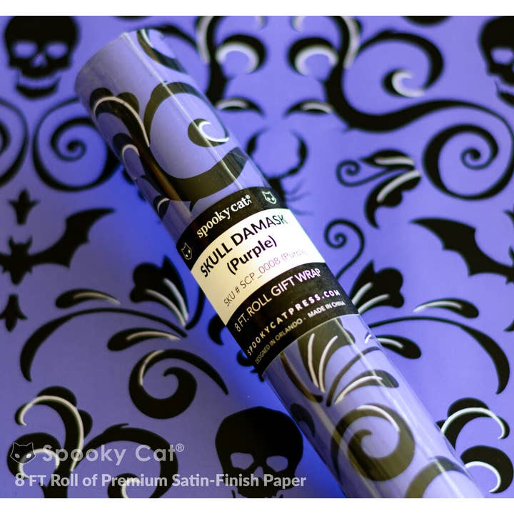 Spooky Cat Press - Wholesale Wrapping Paper Roll - Skull Damask Gift Wrap - Purple (8ft Roll)