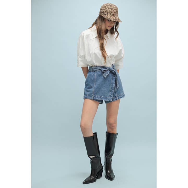 BELTED DENIM WRAP SKORT / WL24-9947 for wholesale on Faire
