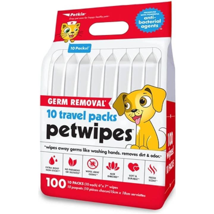 Lingettes de voyage Petkin pour élimination des germes, paquet de 10 pour la vente par Elite Pet Distributors