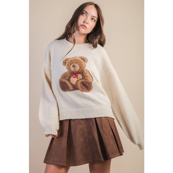 Teddy Bear Graphic Cozy Sweater Knit Top for wholesale by IVE