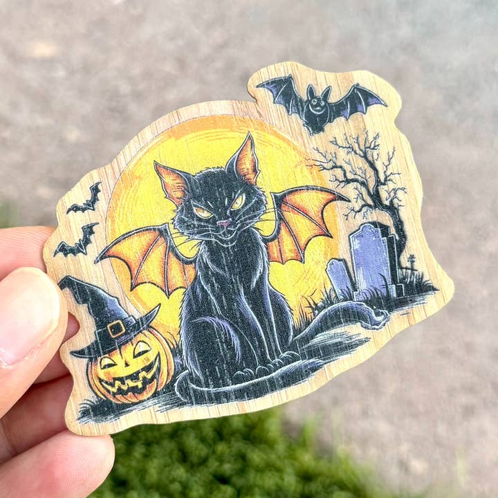 Autocollant en bois de bambou Chat Chauve-souris Noir, Fabriqué à Las Vegas pour la vente par AFK Design Co