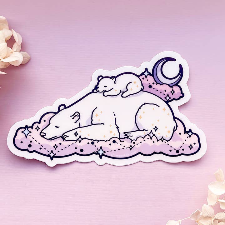 Sleeping Mama and Baby Bear Clear Vinyl Sticker for wholesale by Alum and Ink