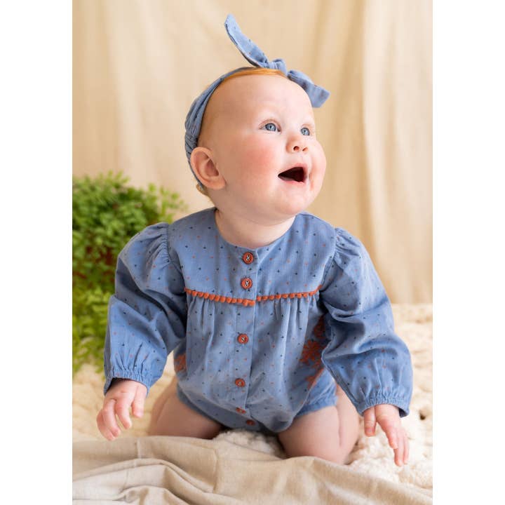 Coral Blue Floral Embroidered Corduroy Bubble Baby Romper (Organic) for wholesale on Faire