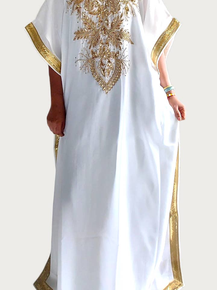 Beaded kaftan Dress & Scarf - KVZ White/Gold for wholesale by India Batik